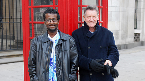 Michael Palin and Musa Ibrahim outside the BBC World Service in London