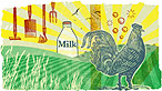 Illustration showing green hills, a chicken and a cow