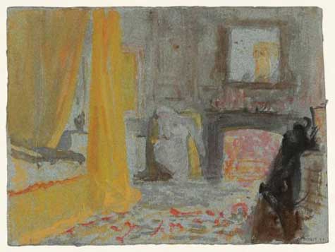 A Bedroom with a Fire Burning, and a Bed with Yellow Curtains by J.M.W. Turner