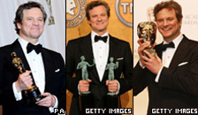 Three Images of Colin Firth (left to right) accepting awards which he won for the film The King's Speech (left image: PA; middle and right images: Getty Images)