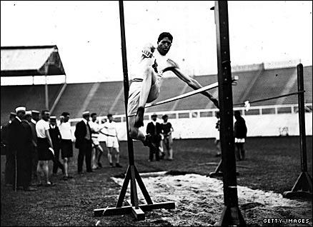 America's Ray Ewry winning the standing high jump at the 1908 Olympic Games in London