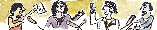 An illustration showing people taking part in the making of The Forum