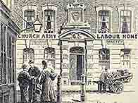 Illustartion showing a grand house with a sign above the door reading 'Church Army Labour Home'