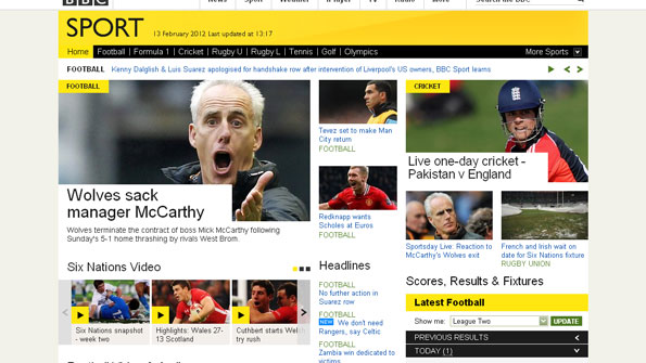 Screenshot of BBC Sport homepage, showing football, cricket, and rugby stories
