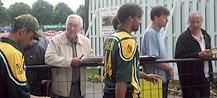 The Pakistan team emerge from the pavilion to take on Leicestershire
