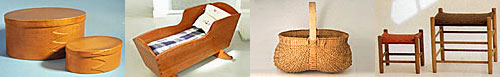 Shaker boxes, cradle, egg basket and stools