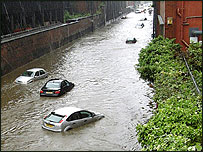 Cars floating on Brightside Lane in Sheffield