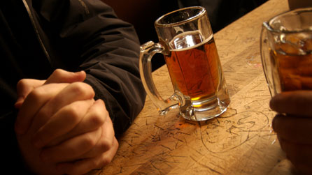 Pint glasses in a pub
