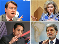 Mandelson (UE), Schwab (EUA), Nath (Índia) e Amorim (Brasil)