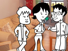 Tim, Helen holding the phone and Khalid in the living room