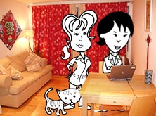Alice and Helen and the cat in the sitting room