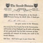 Pre printed “Thank you” from the Commander of the Second Division for efforts during the war! Issued to Geoff Morris 1946. Pre printed “Thank you” from the Commander of the Second Division for efforts during the war! Issued to Geoff Morris 1946.