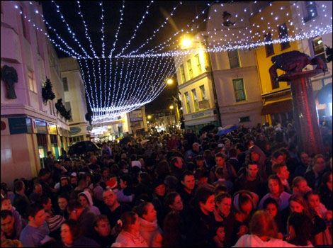 Crowd and Christmas Lights