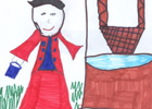 Sant Eilian yn dal cwpan o ddŵr wrth y ffynnon ac yn gwenu