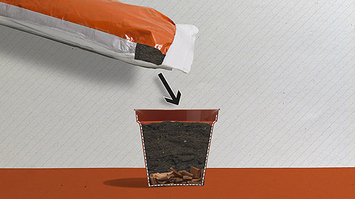 Cross section of a pot showing crocks at the bottom.