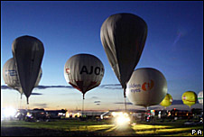Balloons being prepared att he start of the Gordon Bennett balloon race, Bristol, UK