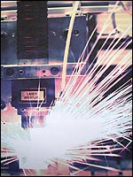 One of the lasers in action