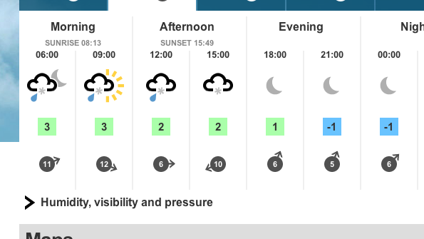 Screengrab from updated BBC Weather site, showing coloured temperatures