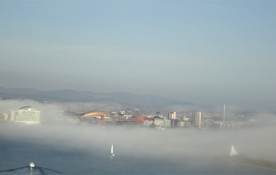 Cardiff Bay Barrage in fog by Annette Wilkins