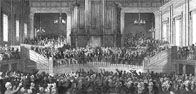 Black and white illustration showing the anti-slavery meeting held at Exeter Hall, London
