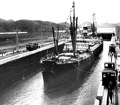 The official inaugural voyage on the Canal, made by the 'Ancon' in 1914
