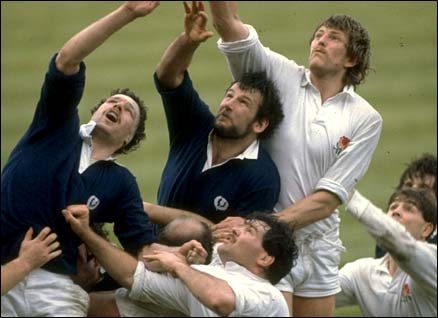 5 Mar 1983, Twickenham: Ian Paxton and Tom Smith jump against England's Steve Bainbridge in Scotland's famous 15-12 victory