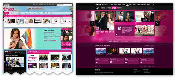 Screen shots of old and new homepage