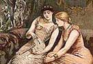 Colour picture showing two Victorian women in conversation