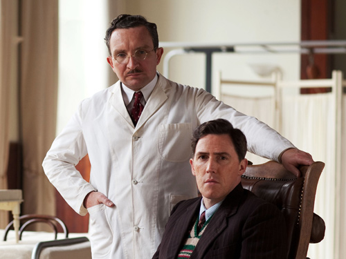 Left, Eddie Marsan as Dr. Ludwig Guttmann and right, Rob Brydon as paralysed soldier