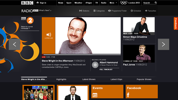 Radio 2 homepage, showing live tab