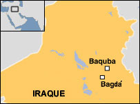 Mapa do Iraque indicando a capital da província de Diyala, Baquba.