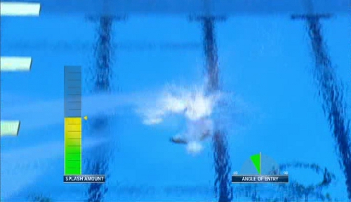Graphics overlaid on footage of Tom Daley diving