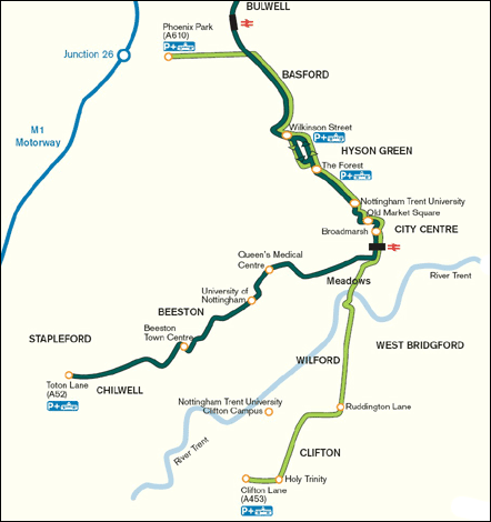 Map of Nottingham's proposed new tram routes