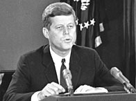 American president John F Kennedy (JFK) making his dramatic television broadcast to announce the Cuba blockade during the Cuban Missile Crisis