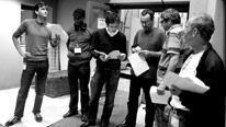 The cast of Of Mice And Men: David Tennant, Jude Akuwudike, Richard Madden, Liam Brennan, Neil McKinven, Christopher Fairbank