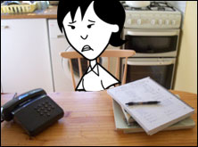 Helen studying in the kitchen