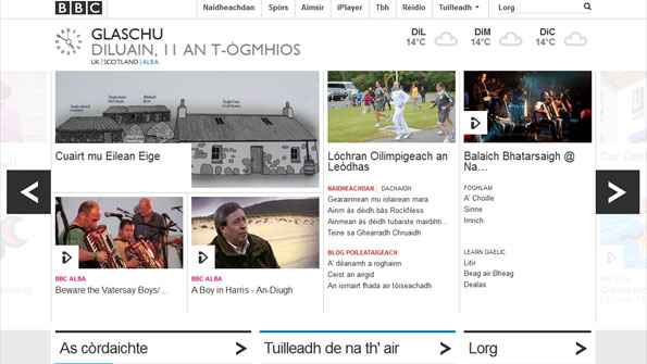 Homepage in Gaelic, showing content from BBC Alba