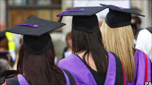 The backs of three graduates
