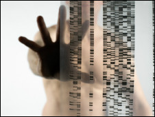 Naked woman holding her hand up to a DNA (deoxyribonucleic acid) autoradiogram