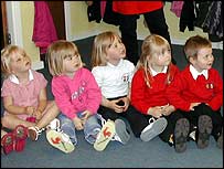 Children sitting on the floor, listening.