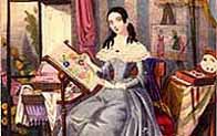 Colour illustration showing a Victorian woman at home