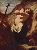 Mary kneels semi-naked in the wilderness praying