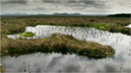 Blanket bog landscape of the Flow Country with hills behind.